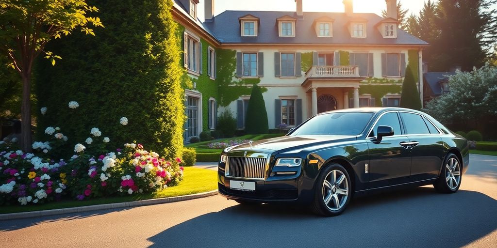Luxury car at an elegant European villa entrance.