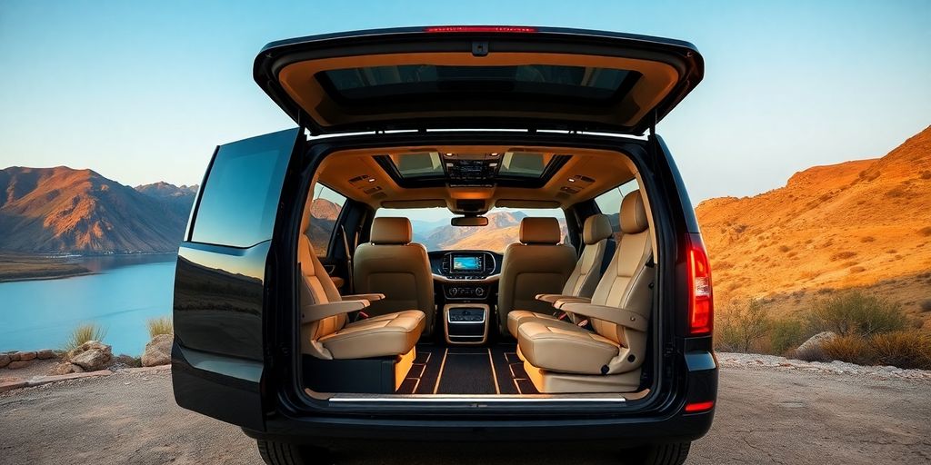 Luxurious vehicle in a scenic location with elegant interior.