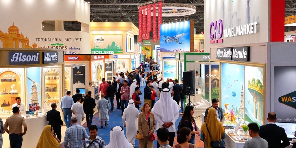 Vibrant Arabian travel market exhibition with diverse cultural displays.
