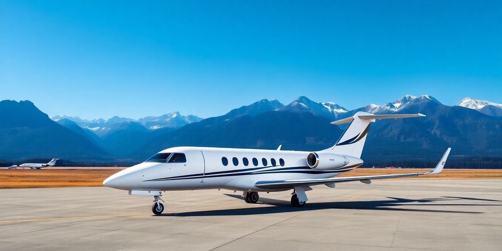 Luxury executive jet against Swiss mountain backdrop.