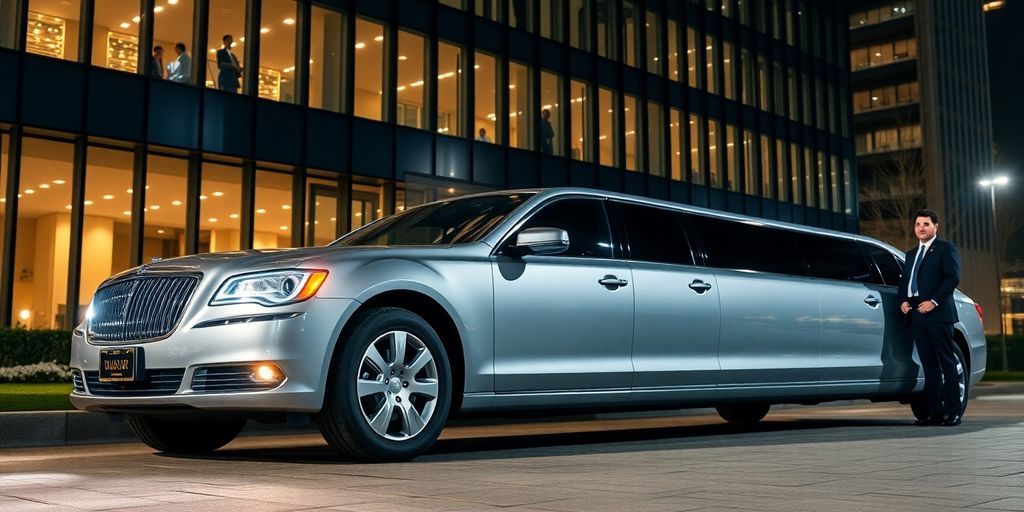 Luxurious limousine in front of a modern office building.
