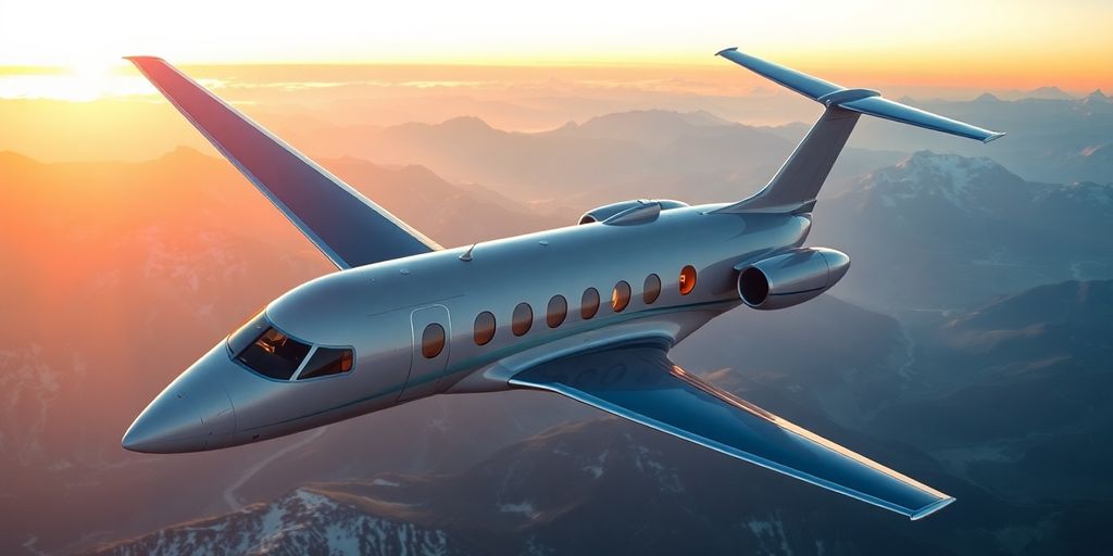 Luxury private jet flying over the Swiss Alps at sunset.