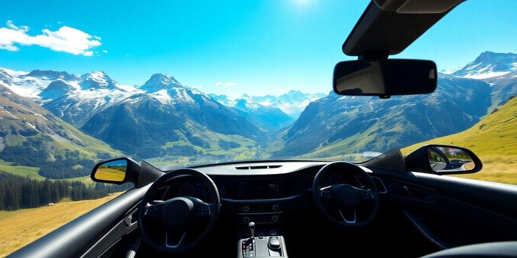 Chauffeured car in scenic Swiss mountain landscape.