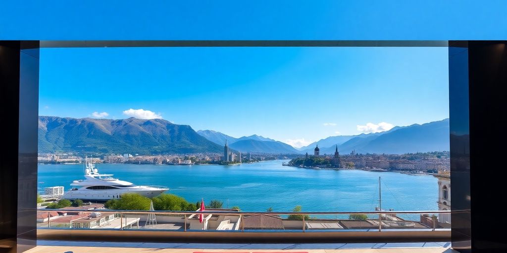 Luxurious Zurich skyline with mountains and serene lake.