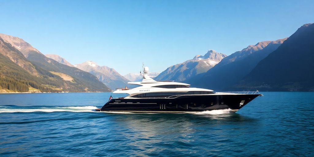 Luxury yacht on Swiss waters with mountains backdrop.