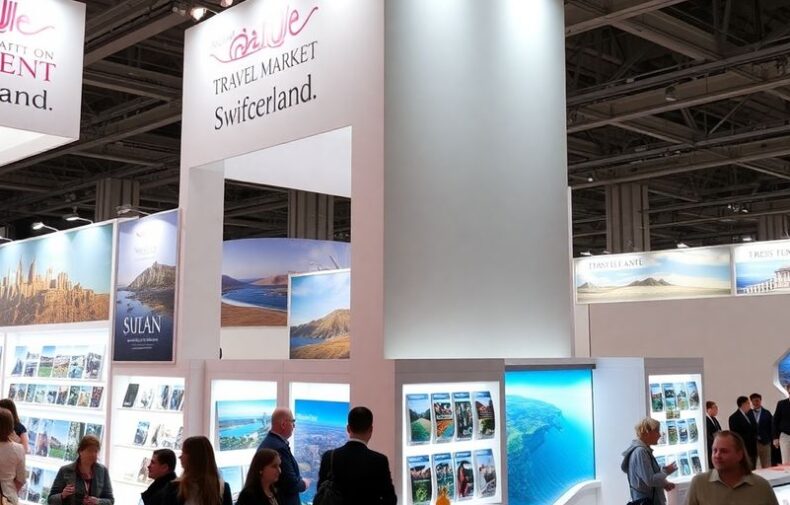 Exhibition booth at Arabian Travel Market in Switzerland.