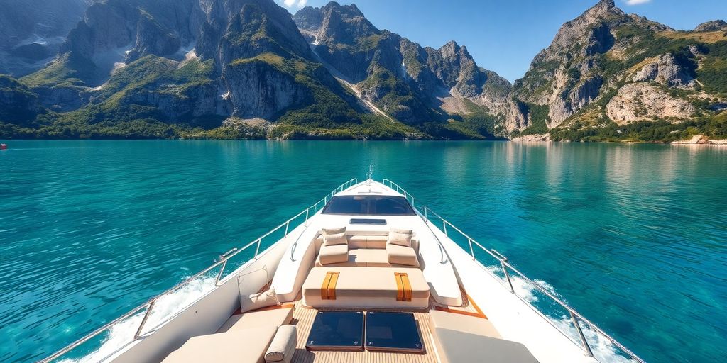Luxury yacht sailing in beautiful Swiss mountain scenery.