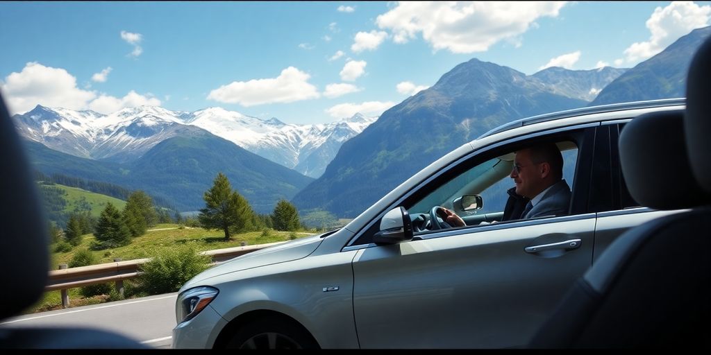 Luxury chauffeur car in Swiss mountain scenery.