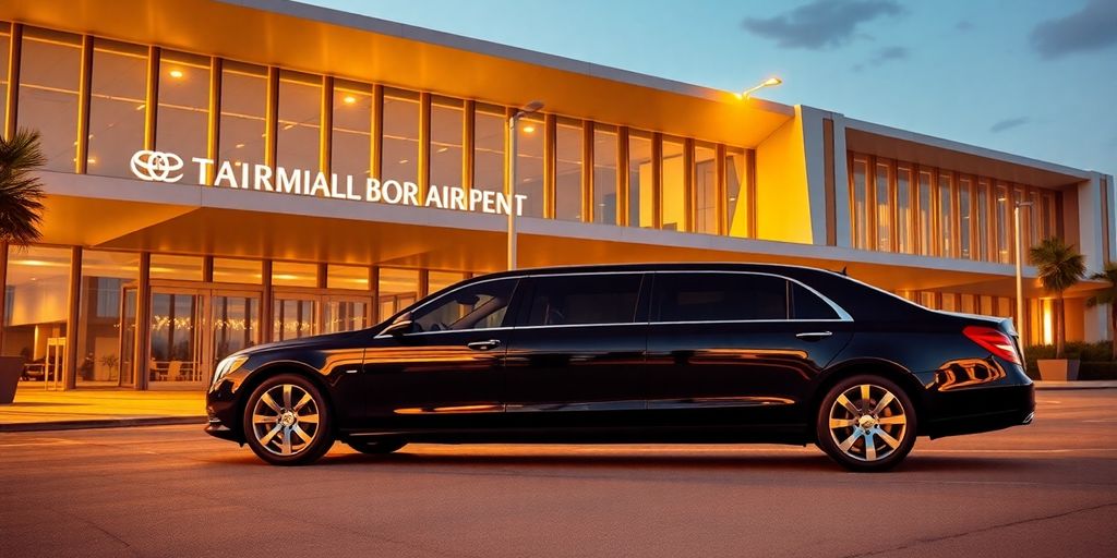 Luxurious limousine outside a modern airport terminal.