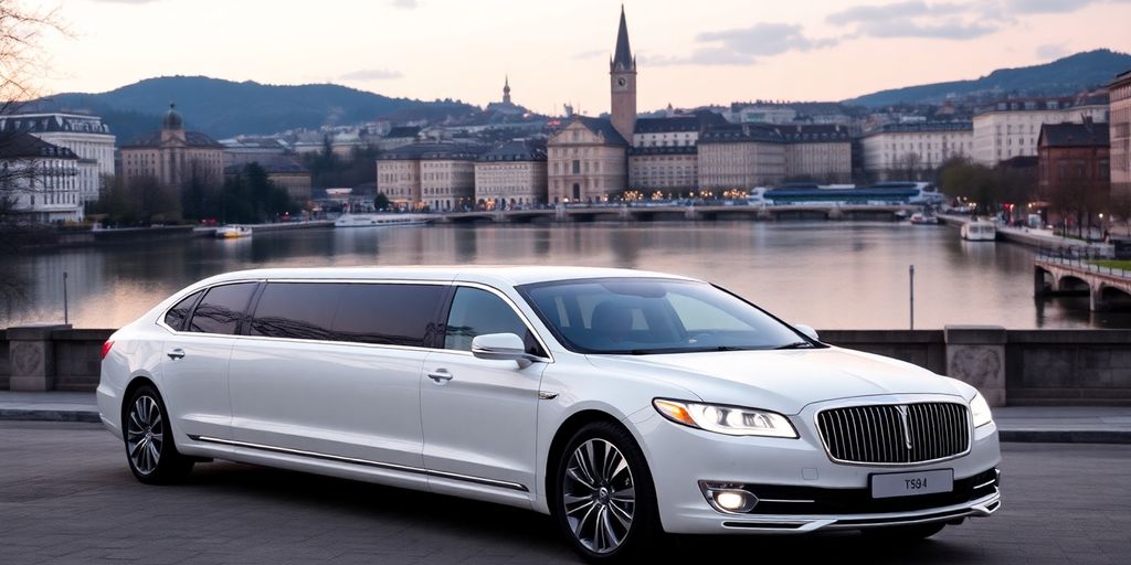 Luxurious limousine in Zurich with scenic city backdrop.