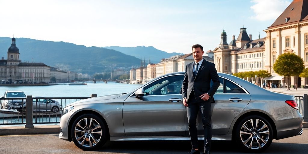 Luxurious car and chauffeur in scenic Zurich backdrop.