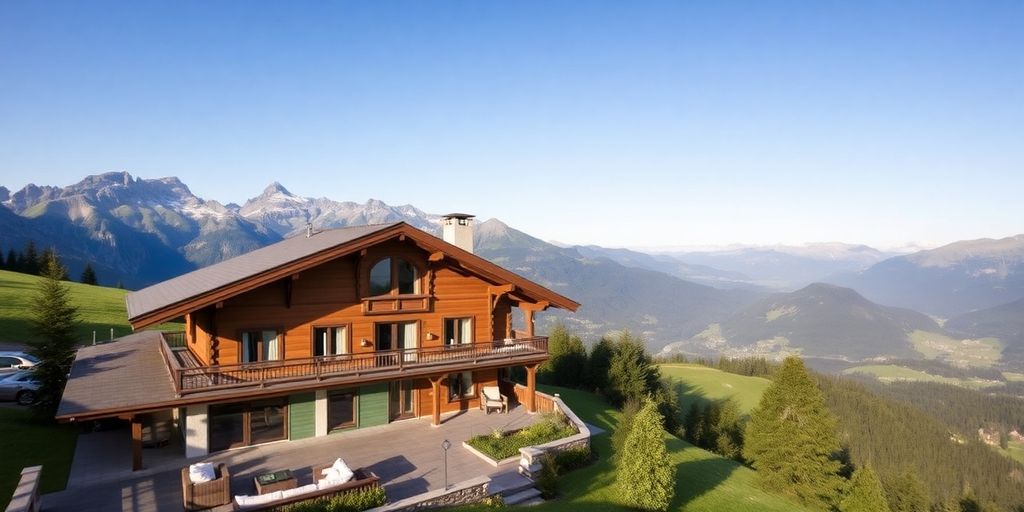 Luxurious Swiss chalet with stunning mountain backdrop.