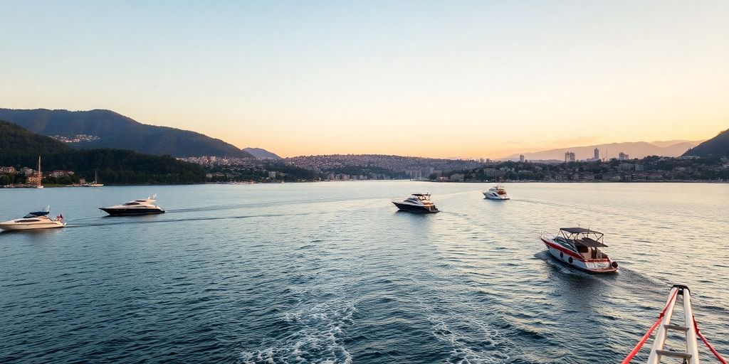 Yachts sailing on Lake Zurich at sunset.