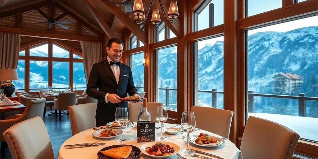 Private butler serving gourmet meal in Swiss chalet.