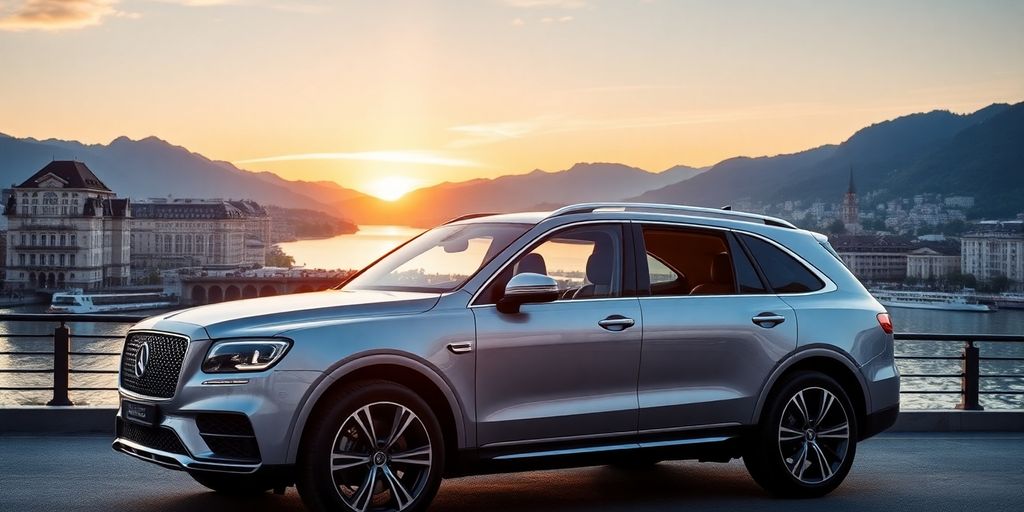 Luxury vehicle with Zurich skyline at sunset.