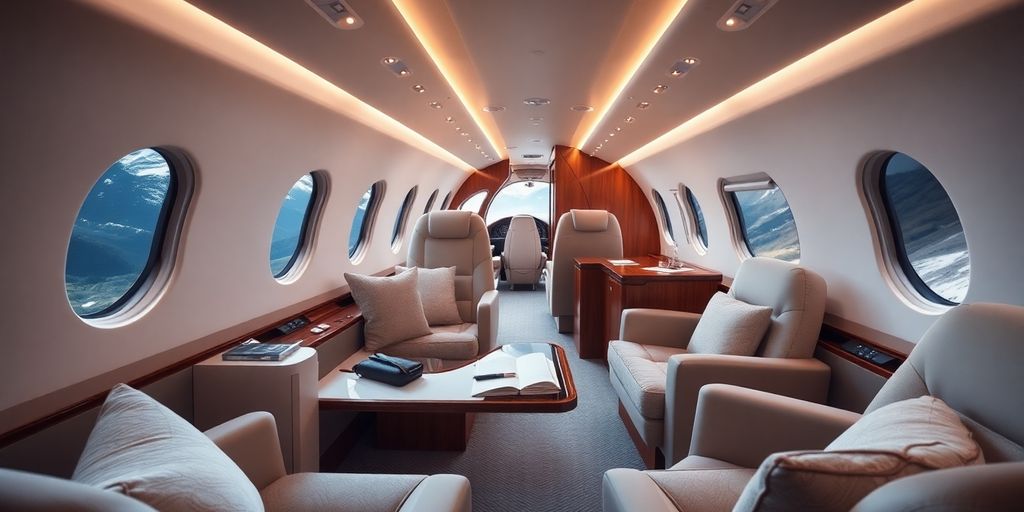 Luxurious private jet interior with Swiss Alps view.