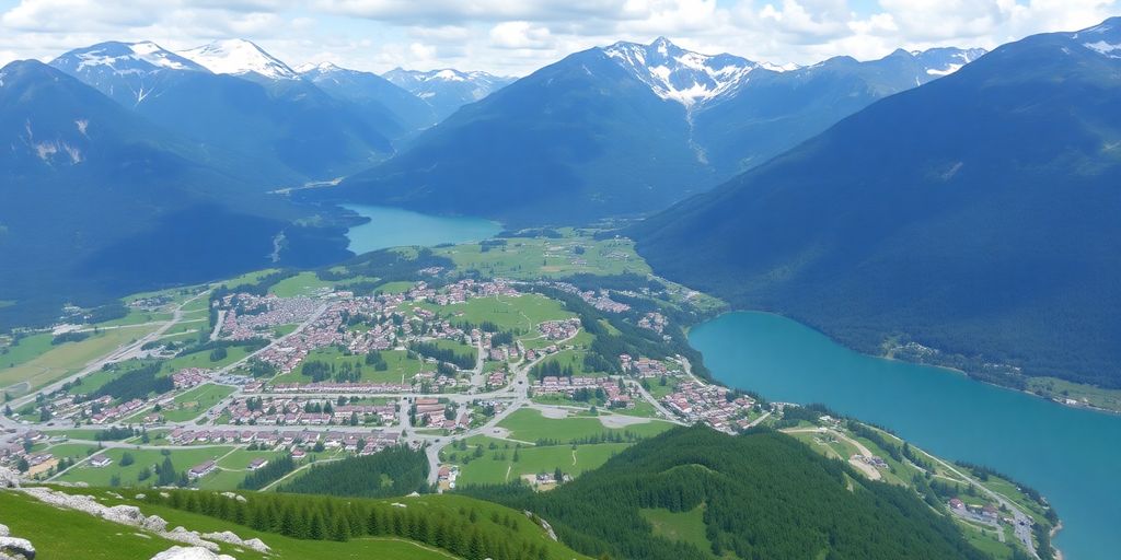 Scenic Swiss landscape with Alps and charming villages.
