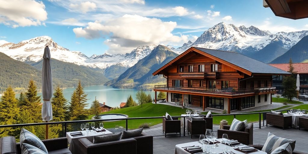 Luxurious Swiss landscape with chalet and mountains.