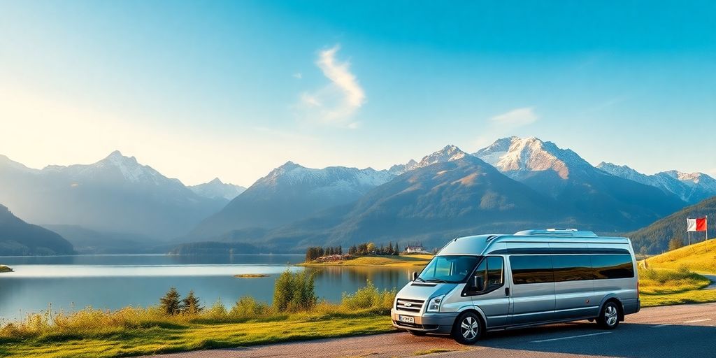 Luxury Swiss travel with mountains and pristine lake.