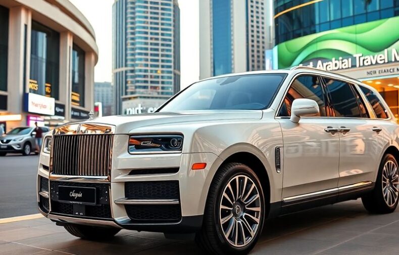 Luxury vehicle in Dubai with modern architecture backdrop.