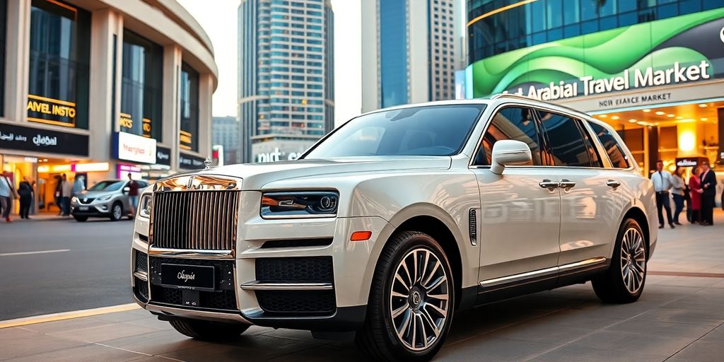 Luxury vehicle in Dubai with modern architecture backdrop.
