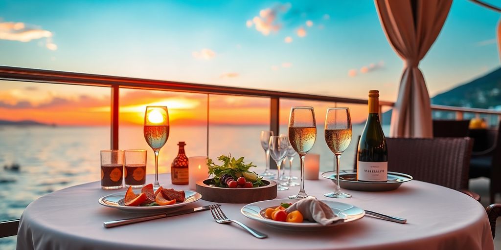 Luxurious travel concierge setup with gourmet dining experience.