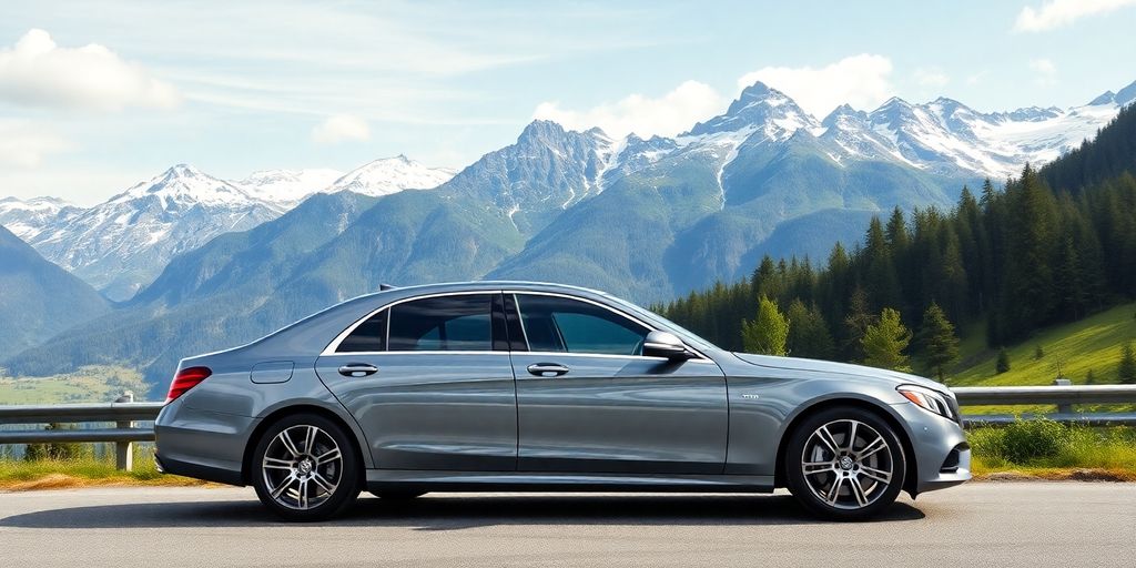 Luxurious executive car in a picturesque Swiss landscape.