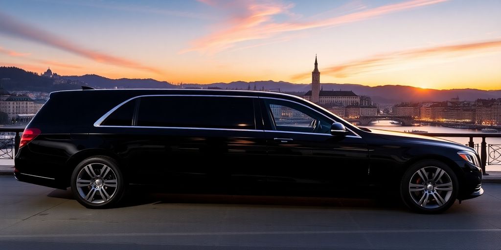 Luxurious limousine in front of Zurich skyline at sunset.