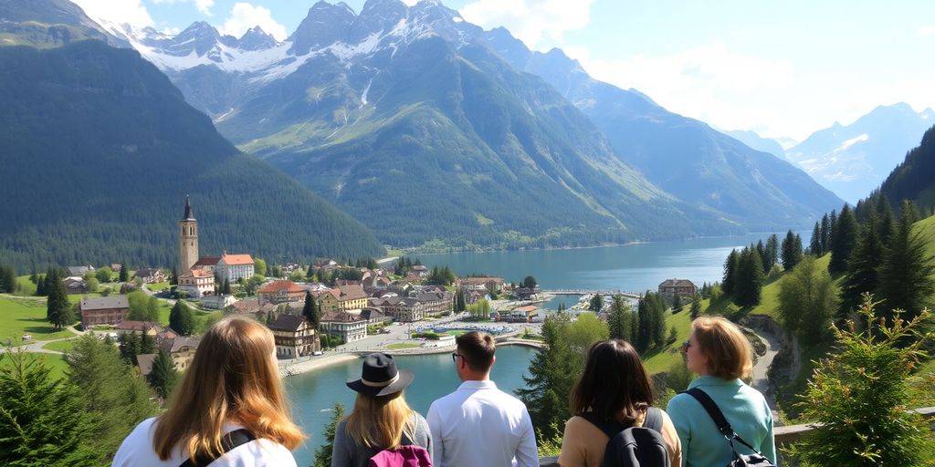 Group of tourists exploring breathtaking Swiss alpine scenery.