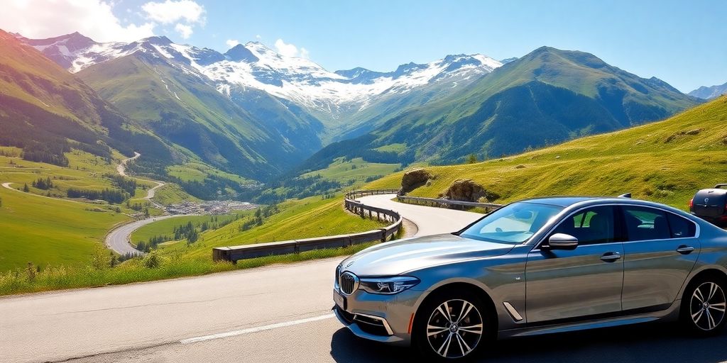 Luxury car by the Swiss Alps in stunning scenery.
